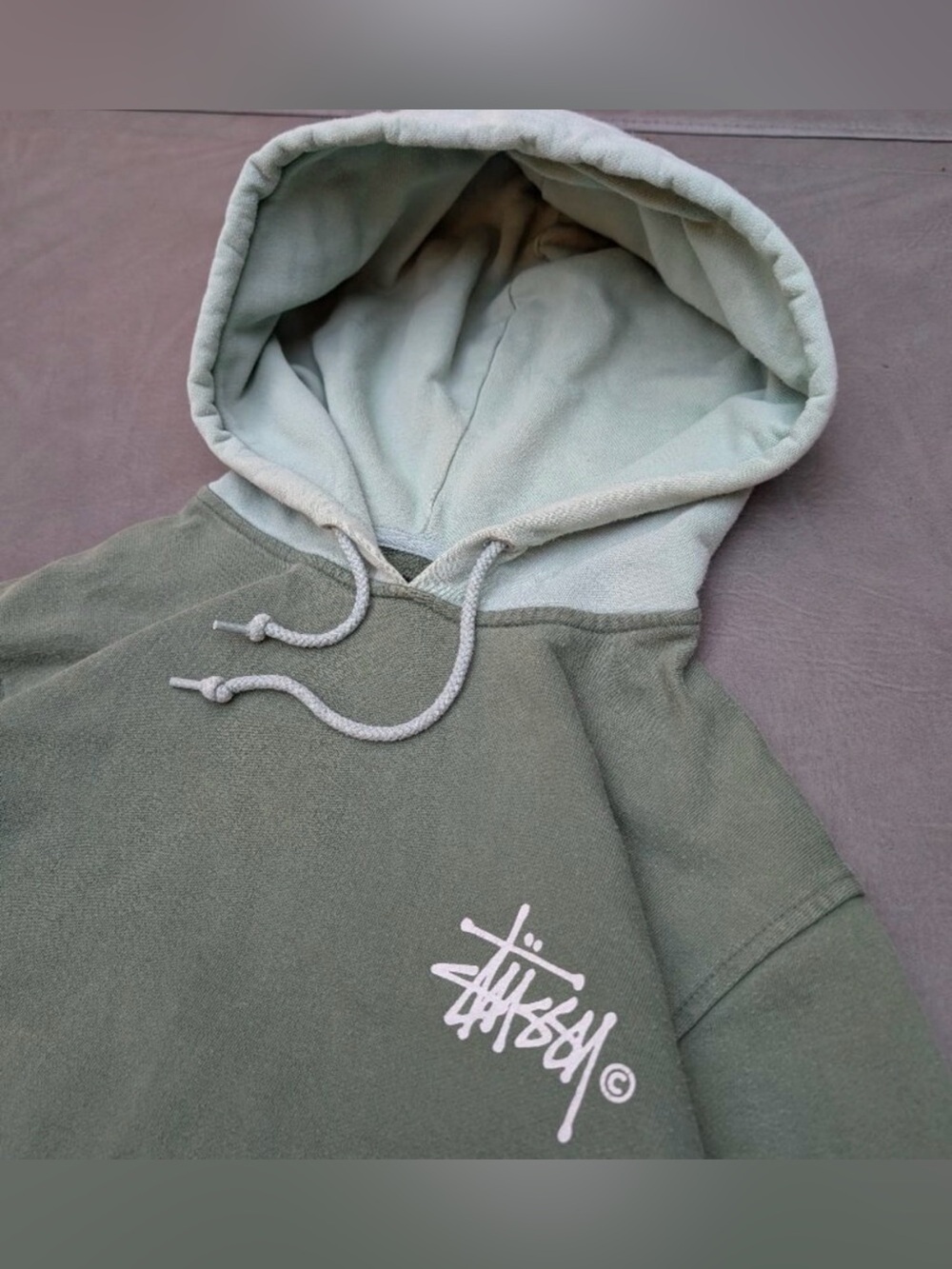 Stussy Olive Green Two-Tone Hoodie with White Logo